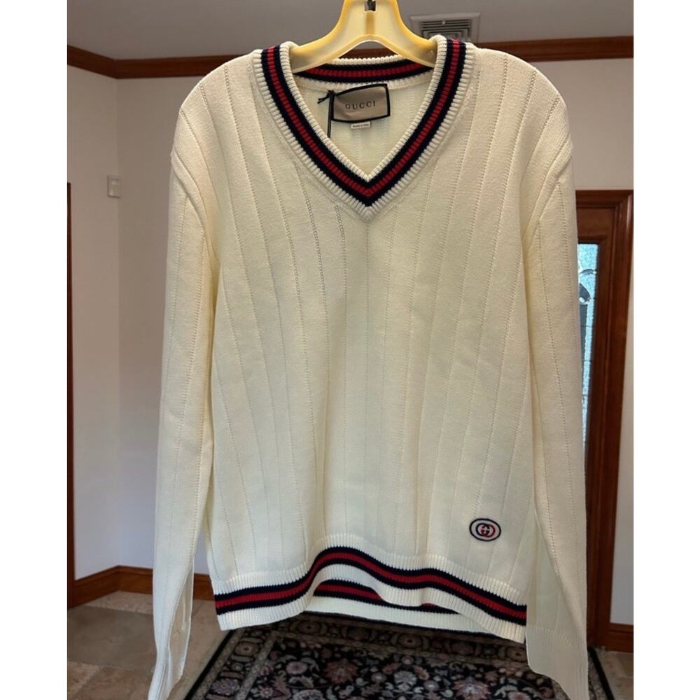 Men's Gucci cotton V-neck sweater navy/red web trim interlocking G logo size XS
